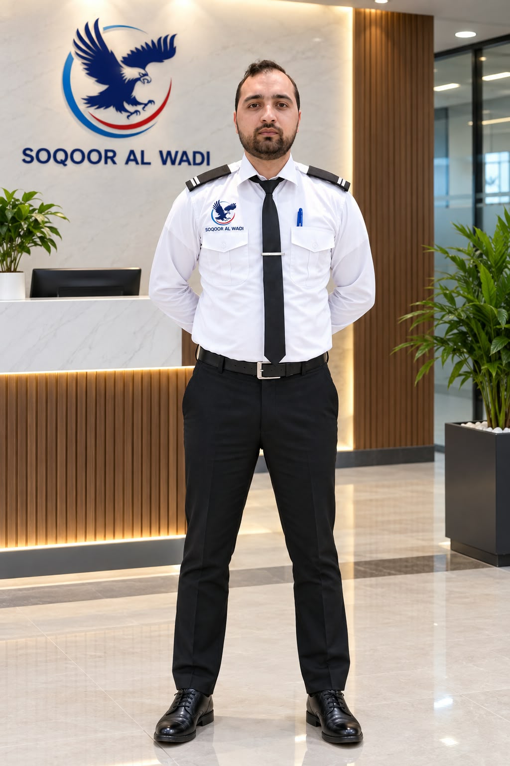 Soqoor Alwadi guard in company uniform at reception